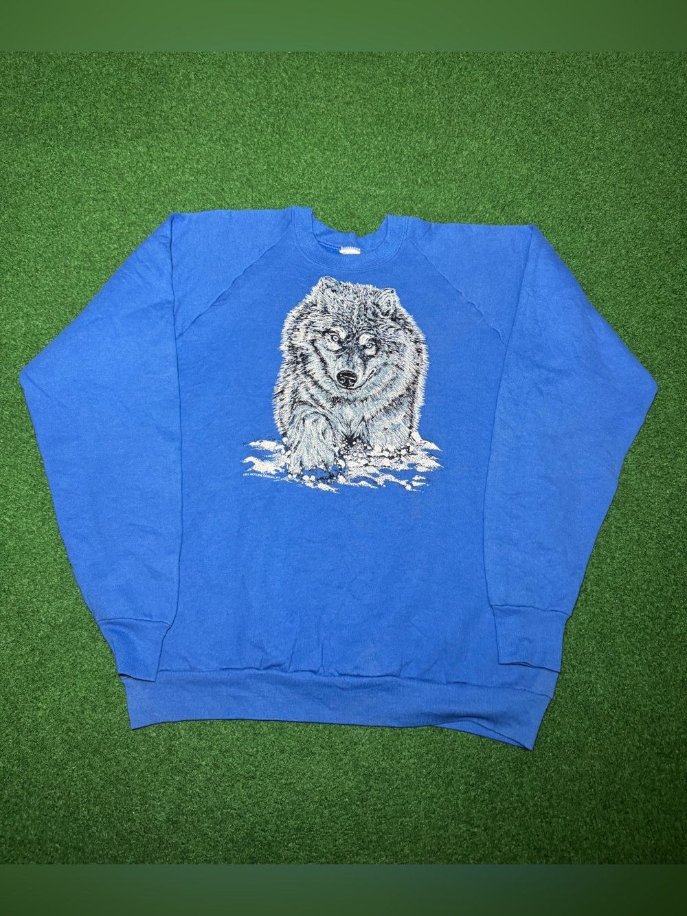Wolf Vintage Saeatshirt 90s Animal Print XXL Blue 23x29 Retro Crewneck